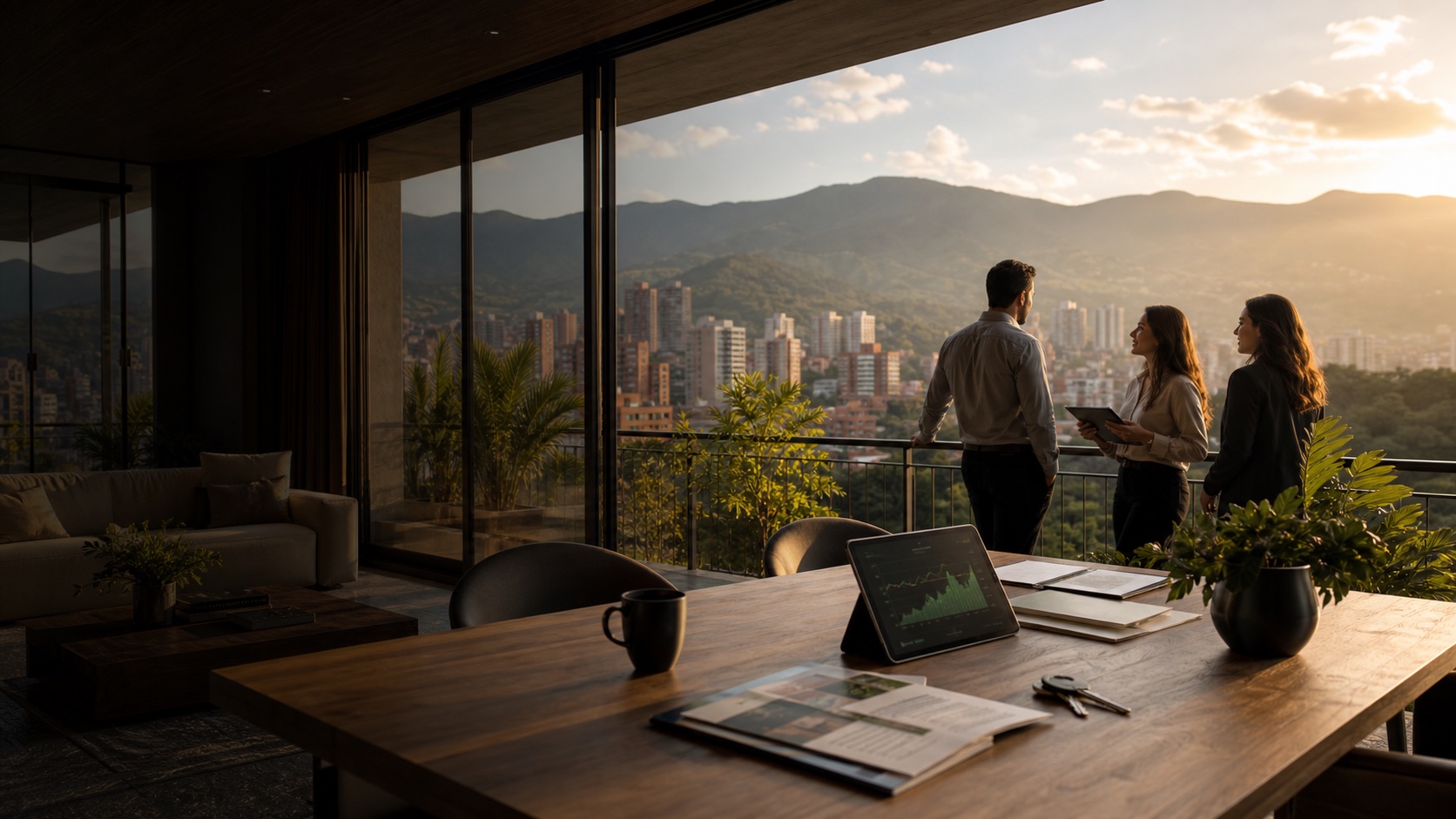 Reunión de estrategia para una propiedad con vista a Medellín